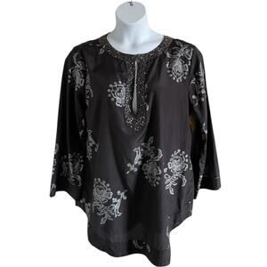 Chico’s Silk Tunic Top Beaded Floral Split Neck Blouse Black Size 3/XL
